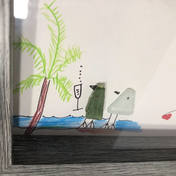 Sea Glass Art Beach Ocean Print Prosecco Wine Tropical Framed Natural Grey - Picture 2 of 9